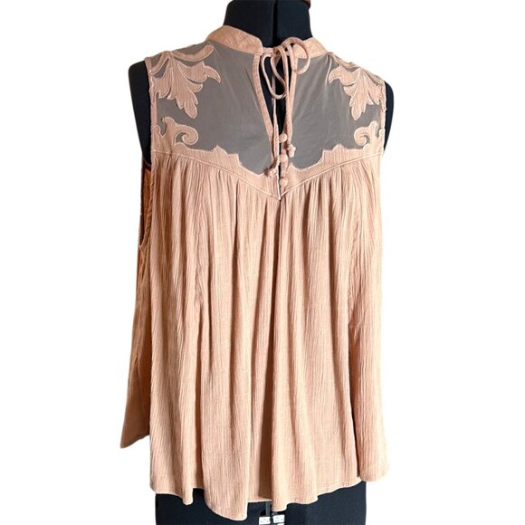 Free People Peach Sleeveless Sheer Embroidered High Neck Top L - Picture 1 of 11